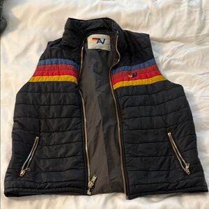 Aviator Nation Black Quilted Vest with Blue, Red, and Yellow Stripes flawless